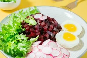 A dietary dish made from vegetables. Beet tartare, radish, frieze salad and boiled egg on a plate on a yellow background. Hard light. Close-up photo