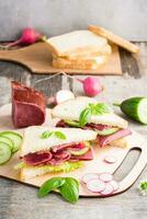 Fresh sandwiches with pastrami and vegetables on a cutting board. American snack. Rustic style. Vertical view photo