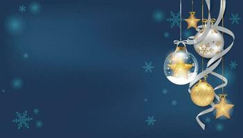 Blue banner with Christmas decorations and ribbons, snowflakes, stars elements on the side vector