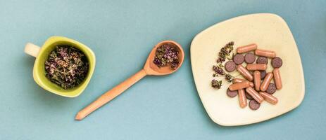 Herbal medicinal capsules, pills and dried oregano in a cup and in a wooden spoon on a green background. Alternative medicine. Web banner photo