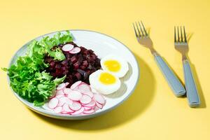A dietary dish made from vegetables. Beet tartare, radish, frieze salad and boiled egg on a plate and a fork on a yellow background. Hard light photo