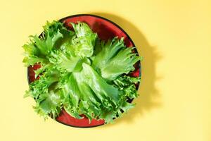 Fresh leaves of frieze lettuce on a plate on a yellow background. Healthy eating and vegetarianism. Hard light. Top view. Copy space photo