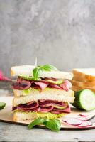Double sandwich with pastrami, cucumber, radish and basil on a cutting board. American snack. Rustic style. Vertical view photo