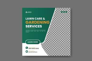 Organic food farming or lawn care and garden service social media post design template for multipurpose use with green gradient and yellow color or modern shape on white background vector