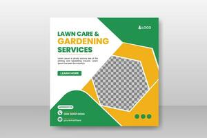 Organic food farming or lawn care and garden service social media post design template for multipurpose use with green gradient and yellow color or modern shape on white background vector