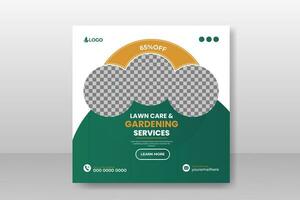 Organic food farming or lawn care and garden service social media post design template for multipurpose use with green gradient and yellow color or modern shape on white background vector