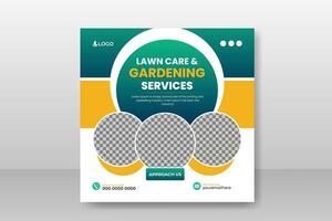 Organic food farming or lawn care and garden service social media post design template for multipurpose use with green gradient and yellow color or modern shape on white background vector