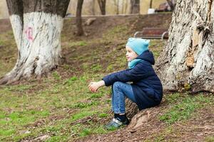 un solitario niña se sienta en soledad a el raíz de un árbol en el parque y mira dentro el distancia. mental salud foto