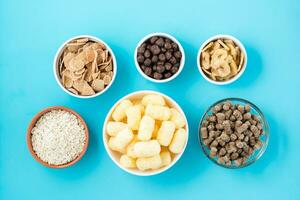 Bowls with different types of breakfasts and snacks oatmeal, corn sticks, cereal and bran on a blue background photo