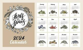 Kitchen calendar template for 2024. A set of 12 vertical months and a cover. Herbs and spices. Layout for printing vector