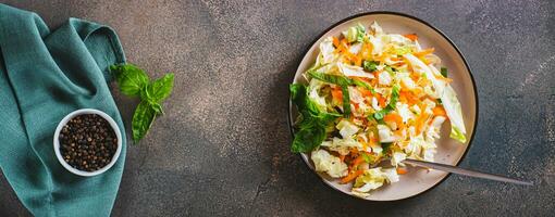 Salad cole slaw with fresh cabbage, carrots and basil on a plate top view web banner photo