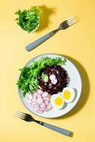 A dietary dish made from vegetables. Beet tartare, radish, frieze salad and boiled egg on a plate and a fork on a yellow background. Hard light. Vertical and top view photo