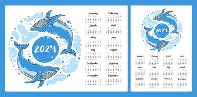 Calendar layout for 2024. Blue whales swim in the sea. Horizontal and vertical printing template vector