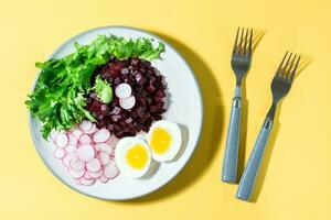 A dietary dish made from vegetables. Beet tartare, radish, frieze salad and boiled egg on a plate and a fork on a yellow background. Hard light. Directly above photo