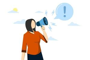 attention announcement concept, important message or communication broadcast, loud speaker or exclamation mark, confident businesswoman speaking in megaphone with attention call. vector