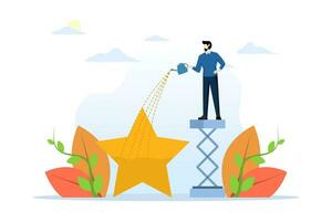 concept of ambition or motivation to succeed or to excel, aspiration and effort to improve, develop and best performance, ambitious businessman filled success gold star price metaphor. vector