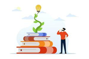 Knowledge, wisdom to create new ideas, creativity or innovation from reading books, education or learning new skills for success, library, smart young man with pile of books with light bulb plant. vector