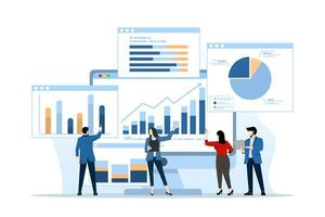 business team analysis and monitoring concept on web report dashboard monitor. data analysis research flat vector illustration design for business financial planning concept, flat vector illustration.