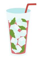 Pink Lemonade, Flat style Vector illustration. Summer Beverage. Flat vector illustration with syrup, straw, ice cubes, mint in Glass. Refreshing cold Fruit Drink. Graphic for Poster, Banner, Flyer.