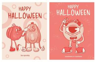 Set of postcards in retro style pumpkins, a bowl of sweets. Halloween cards. Red and white, cartoon style, groovy style. Retro style. Vector illustration