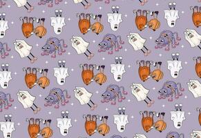 Cute pattern, seamless pattern with Halloween characters. Ghosts, pumpkins and a spider on a lavender light purple background. vector