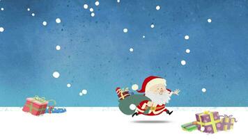 Santa Claus running with a sack full of gifts, snowing at Christmas video