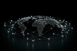 Glowing polygonal world map on dark background. 3D rendering, Black and white global network connection on a curved world map hologram, AI Generated photo