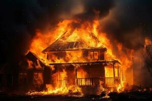 The house is burning in the night. Fire in the house. Burning house. Fire in the old house. Burning house. A house is on fire, AI Generated photo