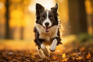 Border collie dog running in autumn forest. Fall season concept. Border collie dog running in the autumn meadow. Pet animals, AI Generated photo