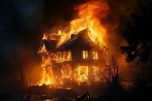 Burning house in the forest at night. Fire in the house. Burning house. Fire in the old house. Burning house. A house is on fire, AI Generated photo