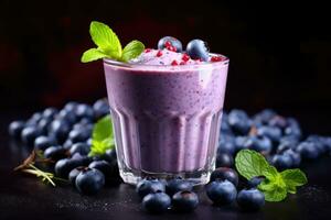 Blueberry smoothie with fresh berries on black background. Healthy food concept. Blueberry smoothie or milkshake with fresh berries, AI Generated photo