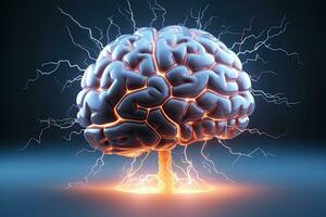 Human brain in a thunderstorm. 3d rendering, 3d illustration. Brainstorming concept. 3D illustration of human brain with lightning, AI Generated photo