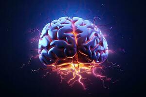 Human brain with thunderbolt on dark background. 3D illustration. Brainstorming concept. 3D illustration of human brain with lightning, AI Generated photo