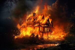 Image of a burning house on the bank of a small river. Burning house. Fire in the old house. Burning house. A house is on fire, AI Generated photo