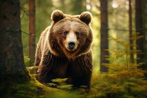 oso pardo oso en el bosque. fauna silvestre escena desde Finlandia, marrón oso en el bosque, de cerca de un salvaje animal, ai generado foto