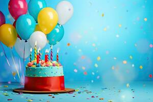 cumpleaños pastel con velas y globos en azul antecedentes con papel picado, cumpleaños pastel con vistoso globos y papel picado en azul fondo, ai generado foto