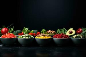 sano comiendo concepto. Fresco vegetal ensalada en cuenco en negro fondo, bochas de sano comida en negro antecedentes. sano comiendo concepto, ai generado foto