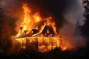 ardiente casa en el bosque a noche. el concepto de desastre. ardiente casa. fuego en el antiguo casa. ardiente casa. un casa es en fuego, ai generado foto