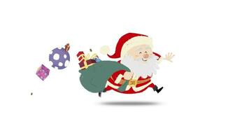 Santa Claus or Saint Nicholas at Christmas, running with sack full of gifts on white background video