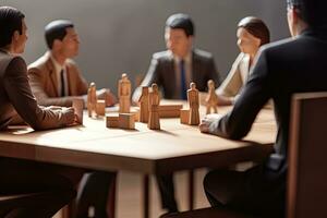 Business people sitting at table in conference room, focus on wooden blocks, Business meeting close-up on a table, top section cropped, No visible faces, No hand deformation, AI Generated photo