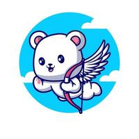 Cute angel polar bear is holding the arrow and flying the heaven cartoon vector icon illustration