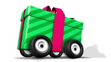 Green wheeled gift with red bow on white background video