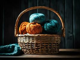 Basket with knitting on wooden table, hobby and needlework illustration photo