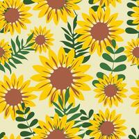 Yellow sunflower flowers with green leaves create a seamless pattern on a beige background for textiles, fabrics. Vector. vector