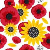 Large yellow sunflower flowers and red poppies create a seamless pattern on a white background for textiles, fabrics. Vector. vector