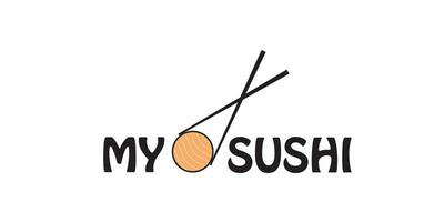 vector icono estilo ilustración logo de asiático calle rápido comida bar o comercio, Sushi, maqui, onigiri salmón rodar con palillos, aislado minimalista objeto