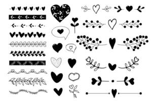 Set borders deviders romantic ornament brushes, cute elements in doodle style with heart, leaves. Love vintage decorative line separator, geometric curved frames isolated on white background vector