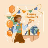 Happy teacher in classroom. World teacher's day. Celebration. vector