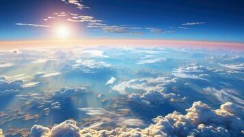 Aerial view White clouds in sky. Top. View from drone. Aerial bird's eye. Aerial top view cloudscape. Sky background, Generative AI illustration photo