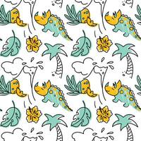 Cute dinos,  eruptios volcanos, exotical forest. Kids print. Seamless pattern. Vector